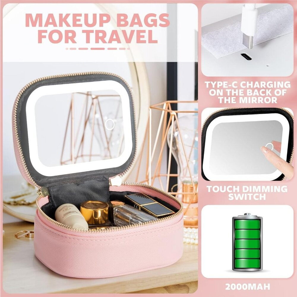 New Mini Makeup Bag w‎ Led Mirror Small Travel Make up Bag 3 Light Modes Pink